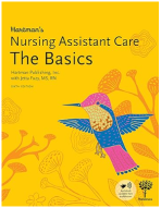 Cover of the book “Nursing Assistant Care: The Basics” by Hartman Publishing, featuring a colorful illustrated hummingbird on a yellow background with abstract floral line art.