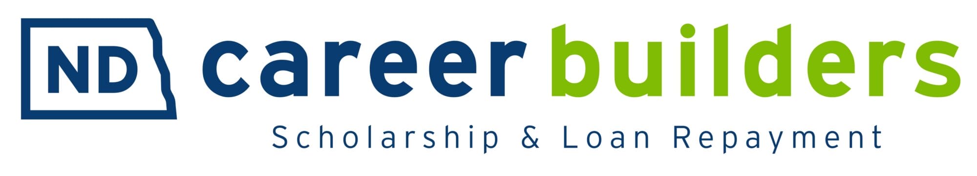 ND Career Builders logo with the words “Scholarship & Loan Repayment” below; “ND” is inside a blue outline of North Dakota, and “career” is in dark blue while “builders” is in bright green.