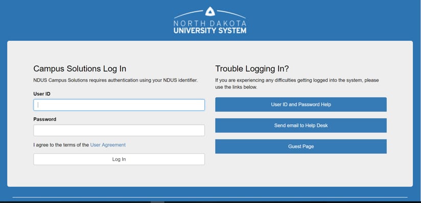 Campus Solutions login page for the North Dakota University System with fields for user ID and password, and options for help and guest access.