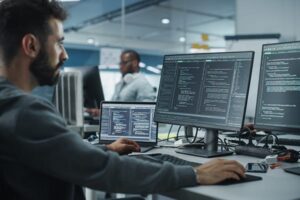 Man in a modern office coding on a computer with dual monitors and a laptop, while another person works in the background.