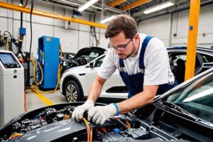 Male technician in safety glasses and overalls working on the electrical system of a car in a modern automotive lab.