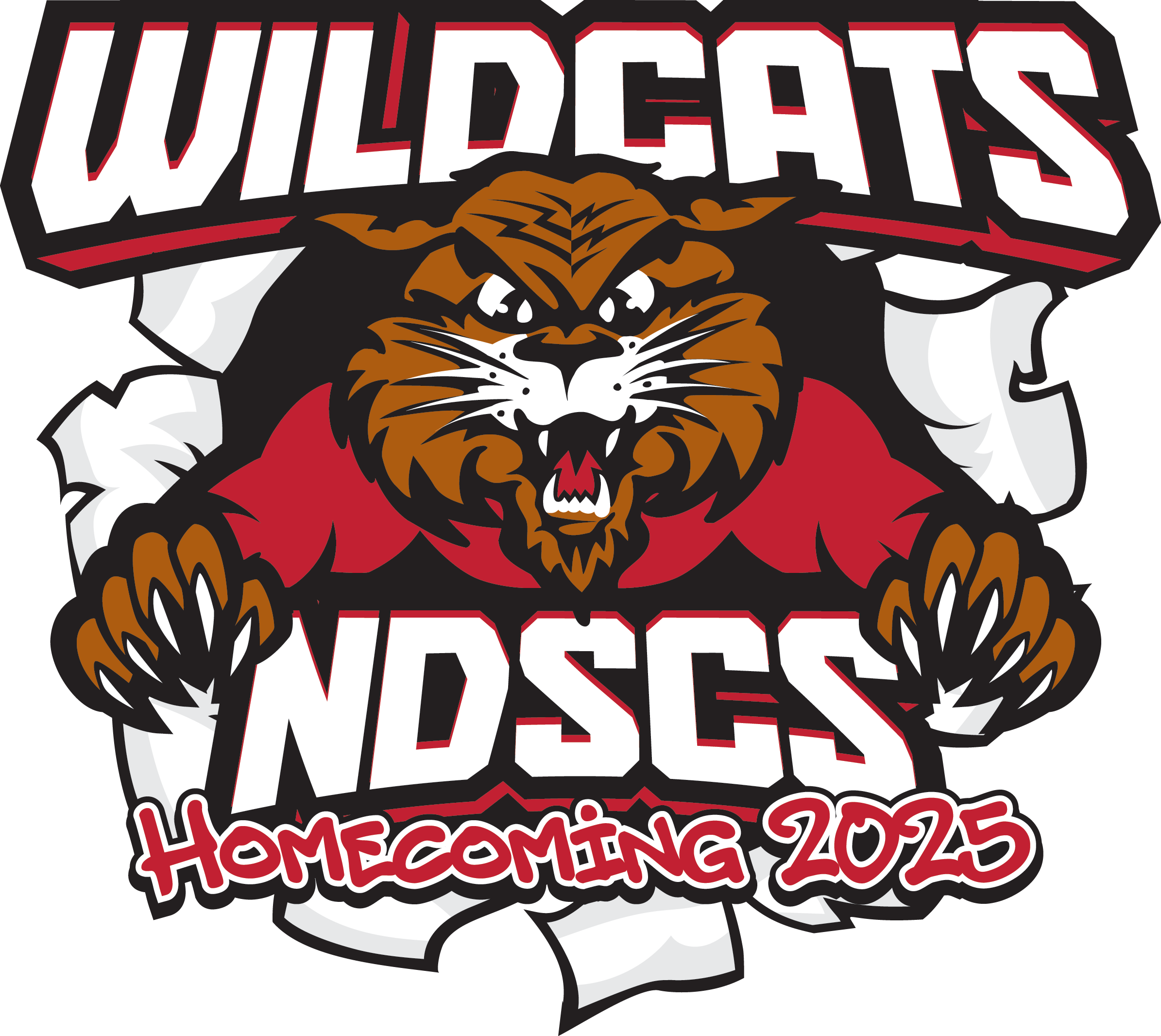Illustrated logo featuring a fierce wildcat mascot bursting through a wall with claws extended, wearing a red shirt, with bold text reading “WILDCATS NDSCS Homecoming 2025.”