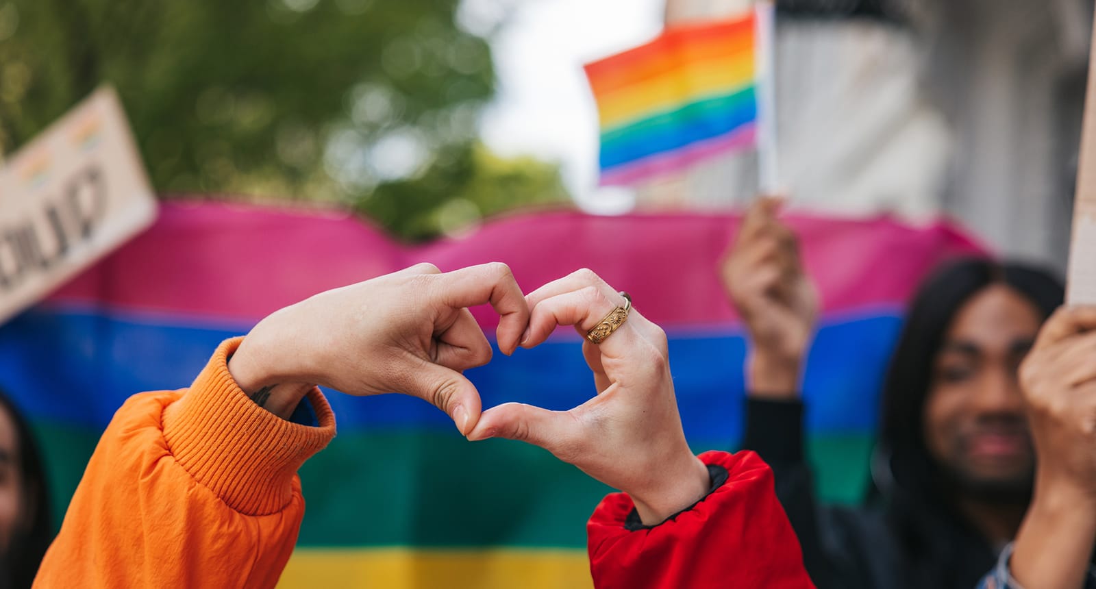 Two people forming a heart shape with their hands in front of a bisexual pride flag, with a rainbow pride flag and protest signs visible in the background.
