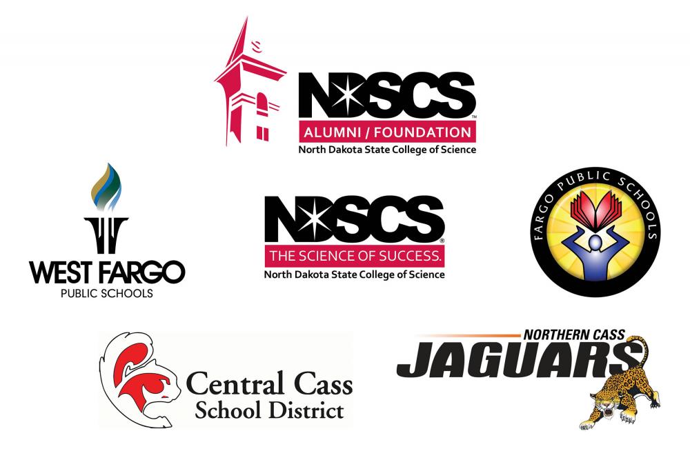 Graphic showing logos for several partner organizations, including NDSCS, Fargo Public Schools, West Fargo Public Schools, Central Cass School District, and Northern Cass Jaguars.